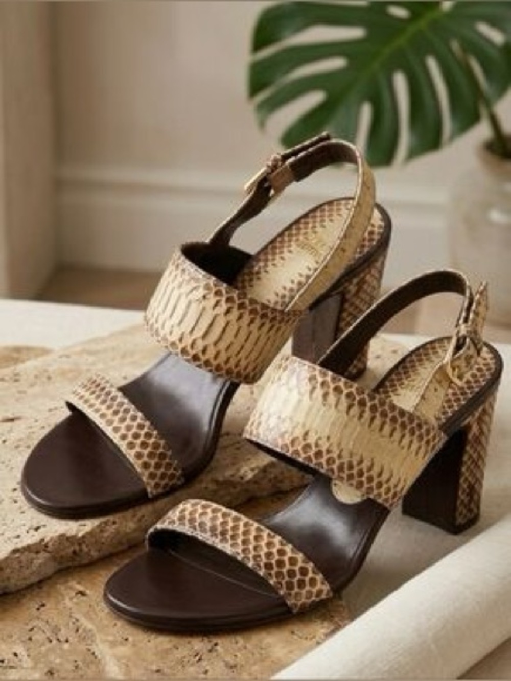 Stuart Weitzman Y2K snake leather Bander Roccia sandal heels